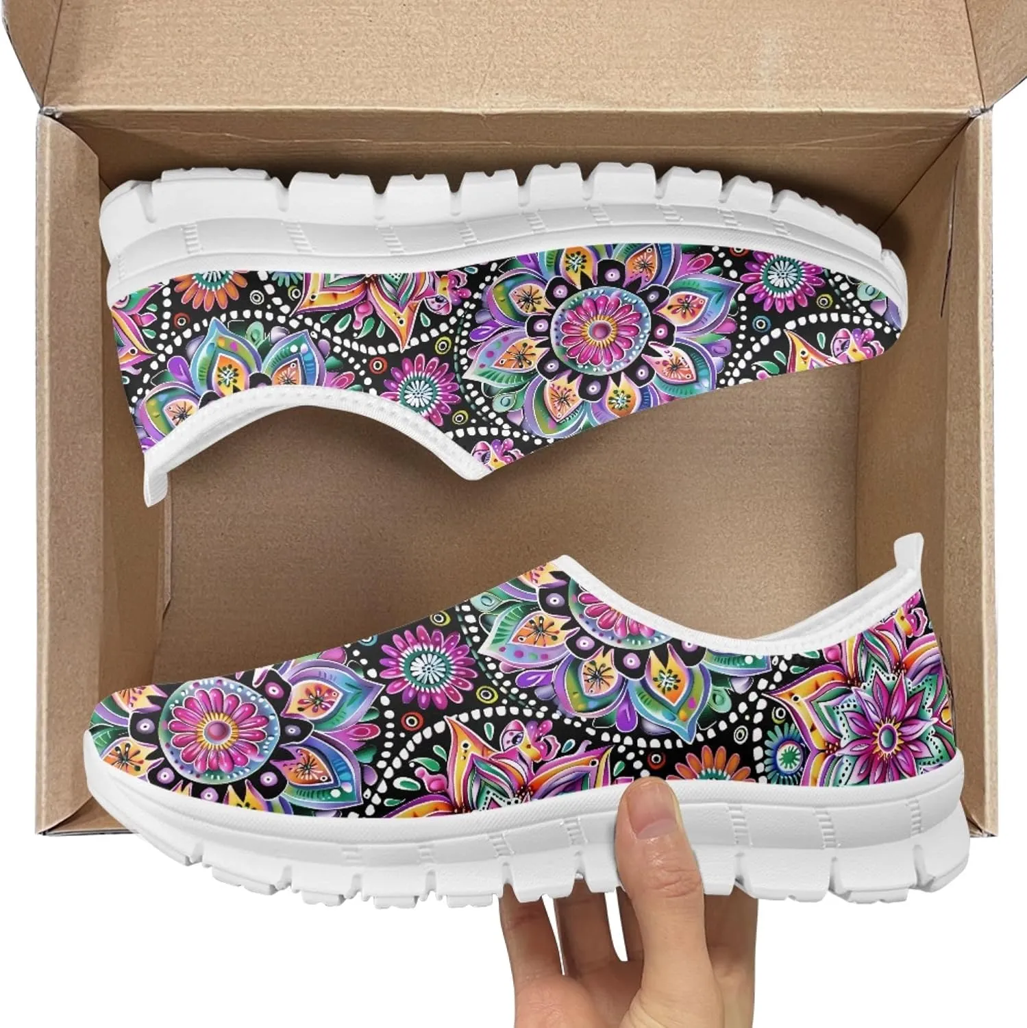 Fashion Print Womens Slip on Walking Shoes Breathable Flat Shoes Comfortable Casual Sneakers