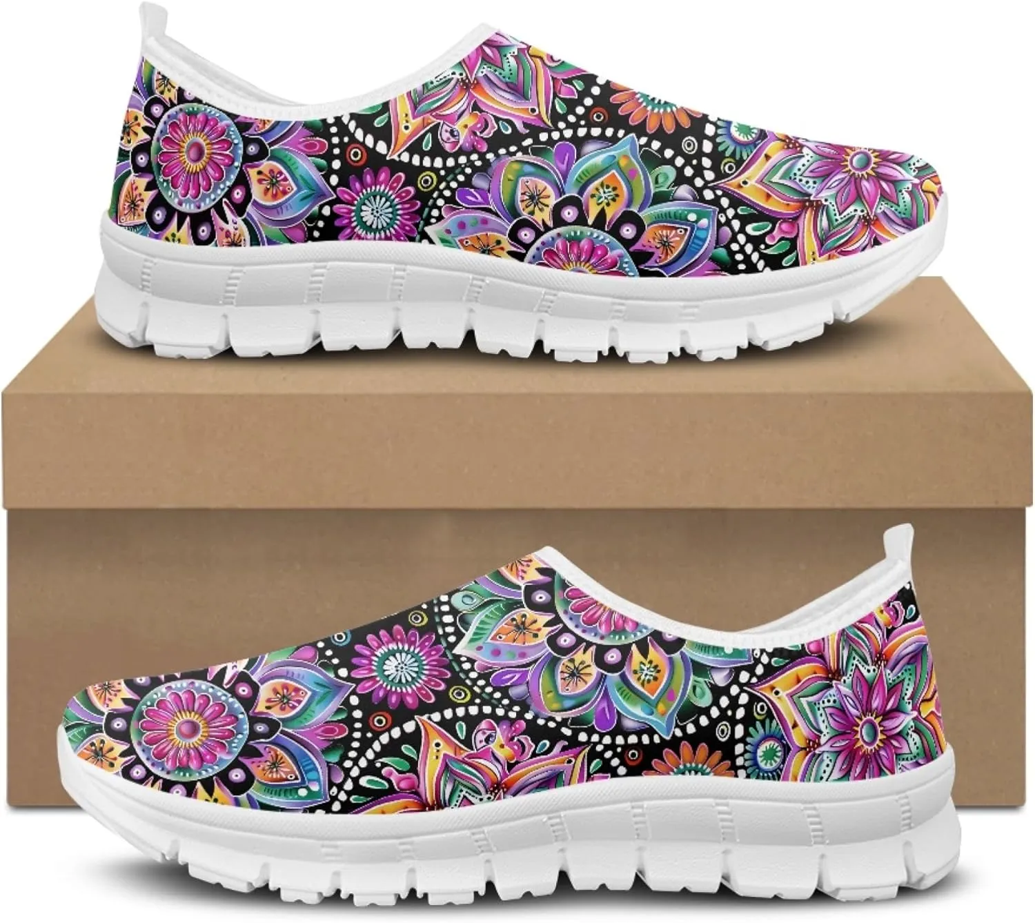 Fashion Print Womens Slip on Walking Shoes Breathable Flat Shoes Comfortable Casual Sneakers