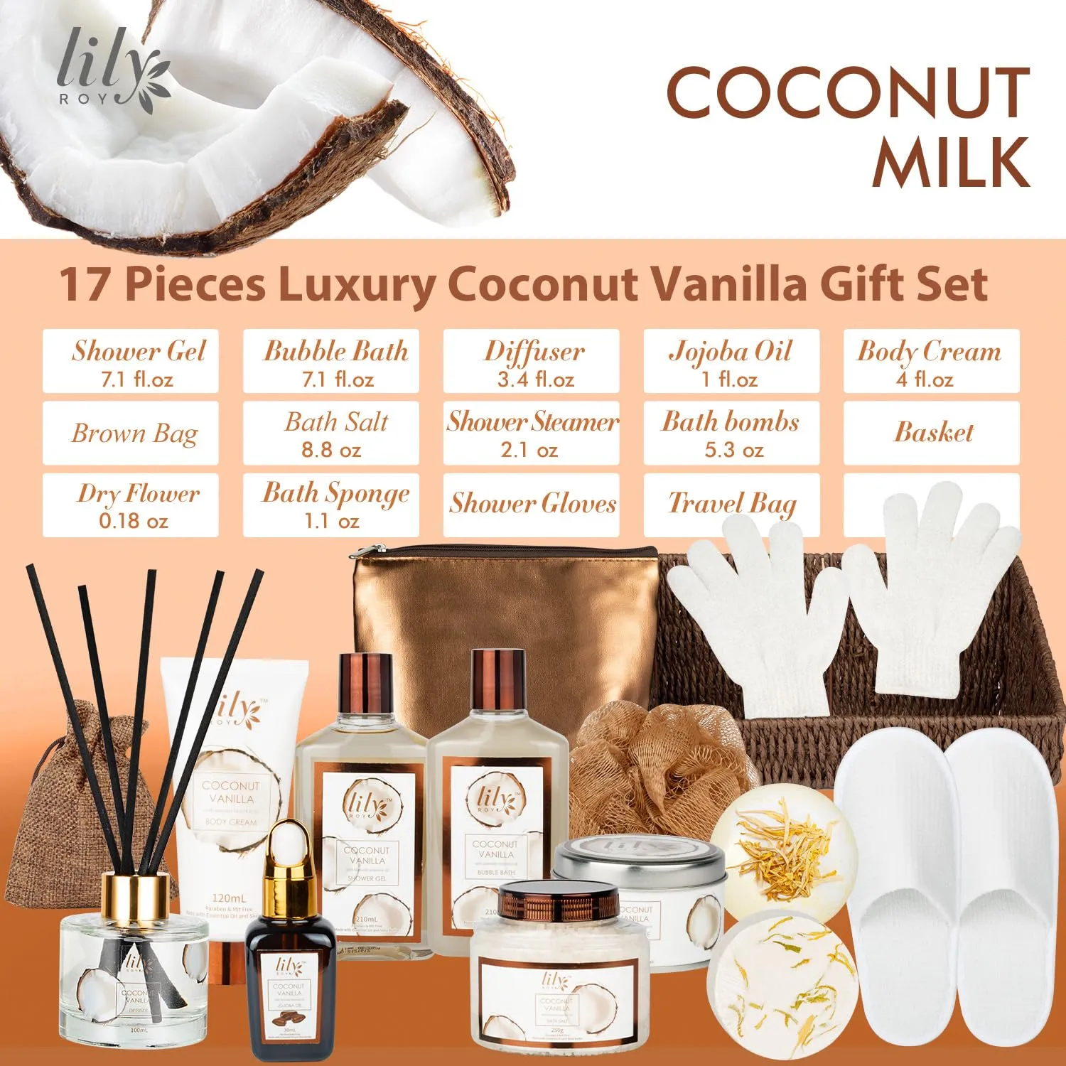 Fathers Day Gifts for Men Dad Coconut Vanilla Spa Gift Basket for Women 17-Piece Luxury Bath and Body Basket Set with Shower Gel Self Care Pampering Gifts for Mothers Day, Christmas, Birthday Gift