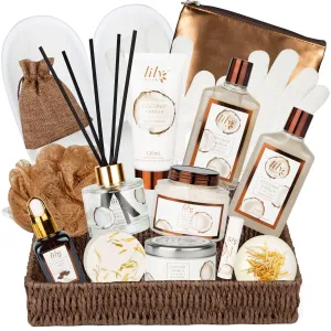 Fathers Day Gifts for Men Dad Coconut Vanilla Spa Gift Basket for Women 17-Piece Luxury Bath and Body Basket Set with Shower Gel Self Care Pampering Gifts for Mothers Day, Christmas, Birthday Gift