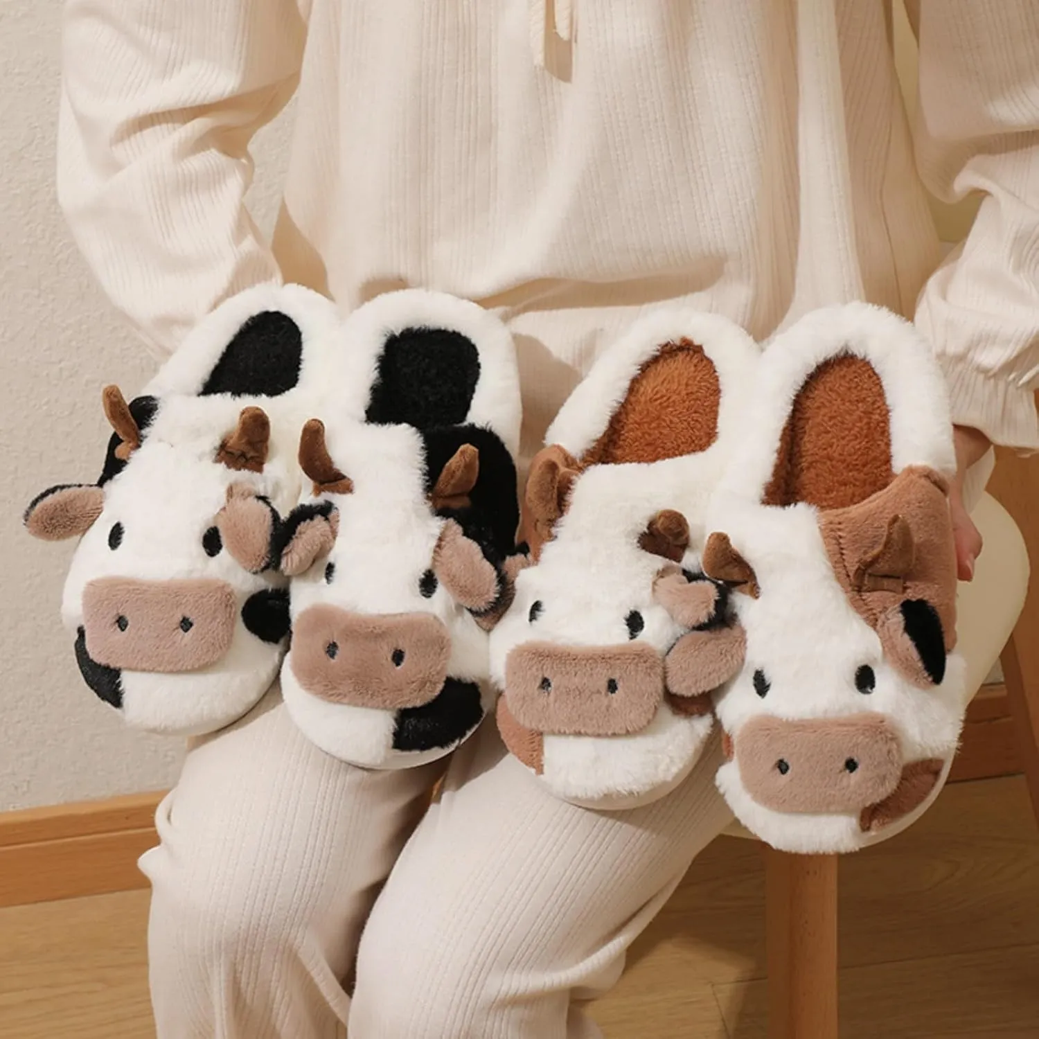 FAYUEKEY Cow Slippers for Women Mens Fuzzy Shoes Gift Indoor Outdoor