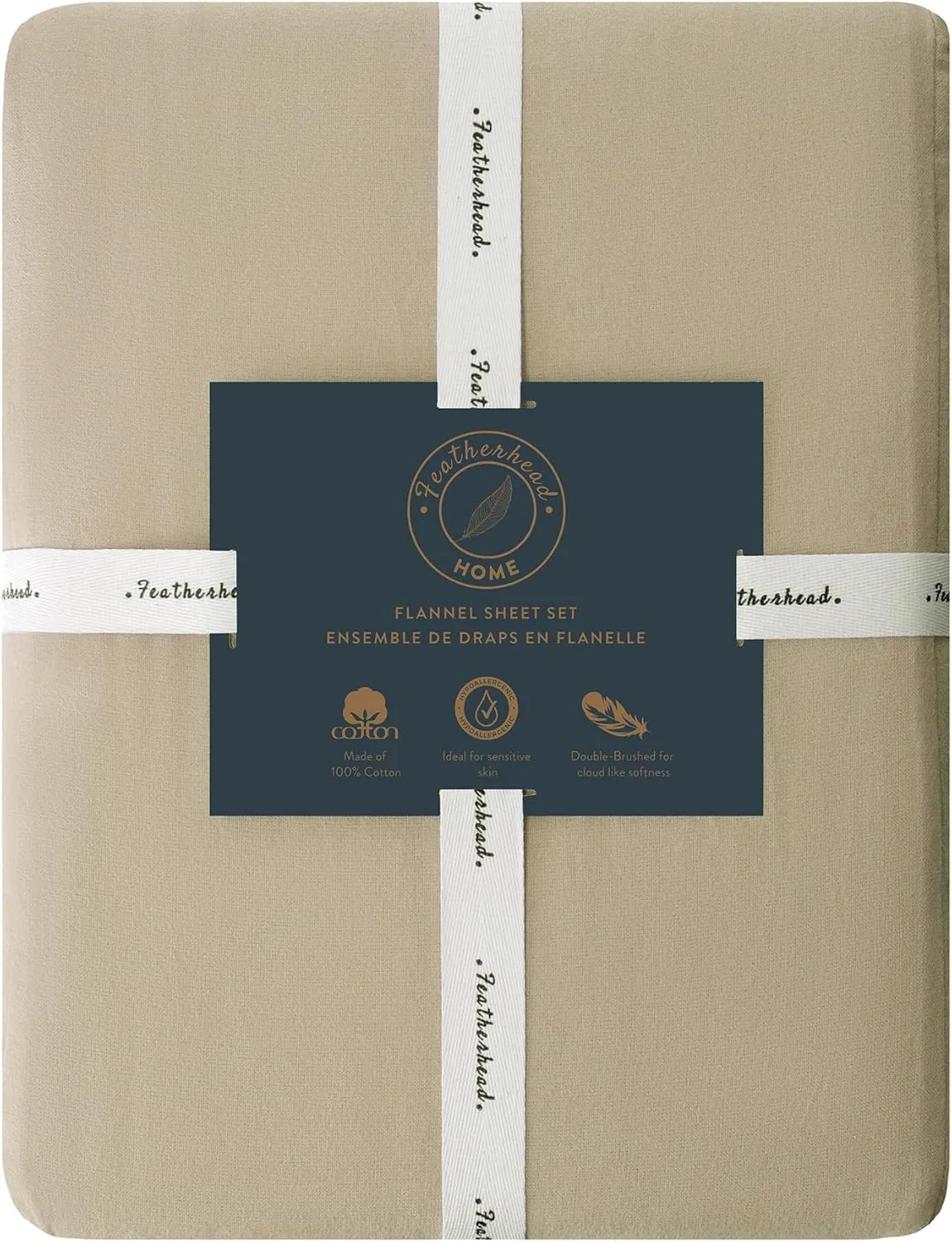 Featherhead 100% Cotton 4PCs Flannel Sheet Set | Double-Brushed for Extra Softness, Warm & Breathable, Extra Deep Pockets fits Up to 17” (Beige, Queen)