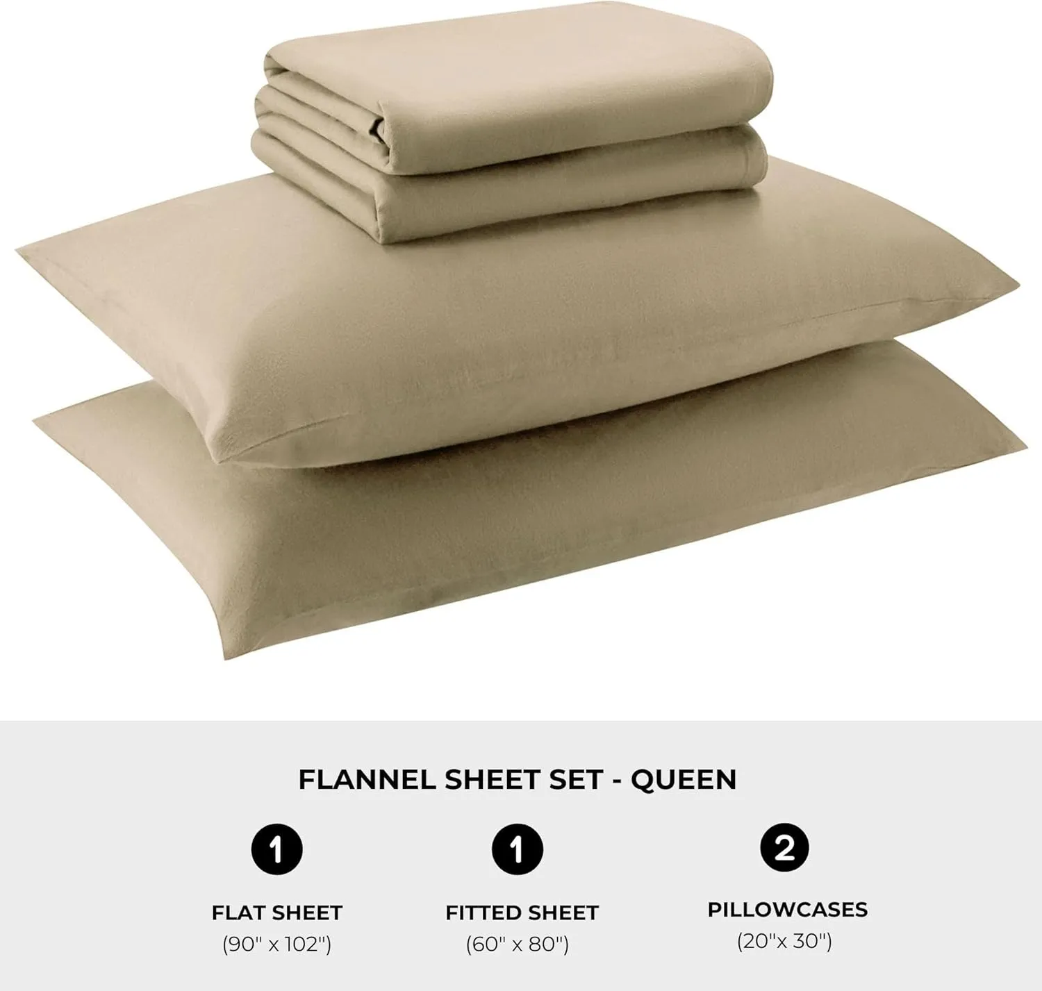 Featherhead 100% Cotton 4PCs Flannel Sheet Set | Double-Brushed for Extra Softness, Warm & Breathable, Extra Deep Pockets fits Up to 17” (Beige, Queen)