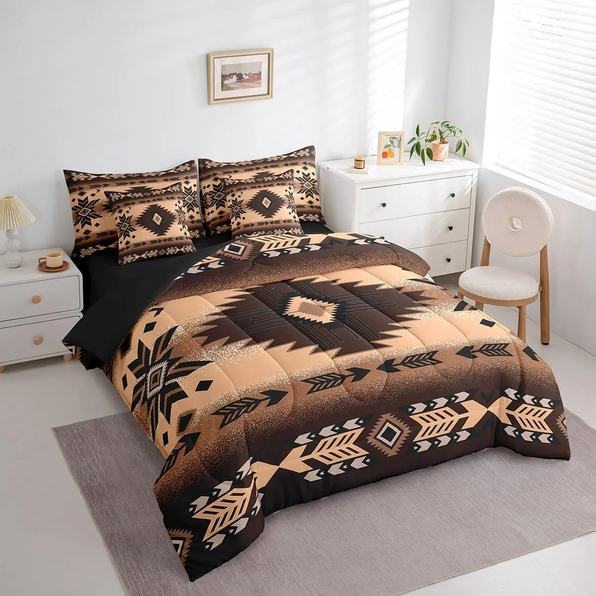 Feelyou Southwest Native Bed Set Includes Comforter, Sheet Set, Pillowcases & Pillow Covers Southwestern Geometric 7 Piece Bedding Set, Room Decor Western Decor Bed in a Bag, Twin Size Brown Tribal
