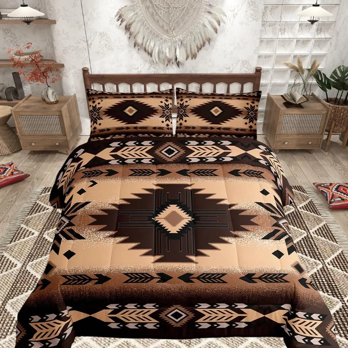 Feelyou Southwest Native Bed Set Includes Comforter, Sheet Set, Pillowcases & Pillow Covers Southwestern Geometric 7 Piece Bedding Set, Room Decor Western Decor Bed in a Bag, Twin Size Brown Tribal