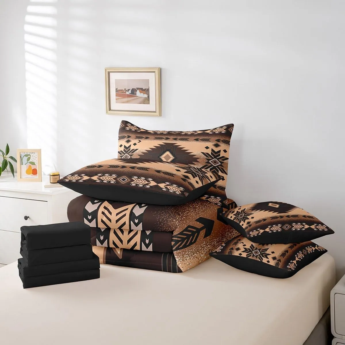 Feelyou Southwest Native Bed Set Includes Comforter, Sheet Set, Pillowcases & Pillow Covers Southwestern Geometric 7 Piece Bedding Set, Room Decor Western Decor Bed in a Bag, Twin Size Brown Tribal