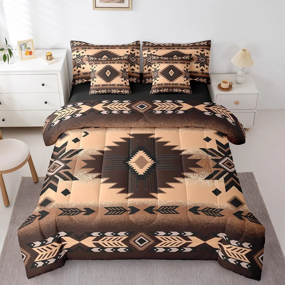 Feelyou Southwest Native Bed Set Includes Comforter, Sheet Set, Pillowcases & Pillow Covers Southwestern Geometric 7 Piece Bedding Set, Room Decor Western Decor Bed in a Bag, Twin Size Brown Tribal