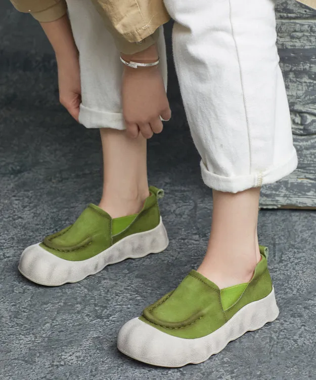 Feet Cowhide Shoes Flat Handmade Splicing Platform Leather Green