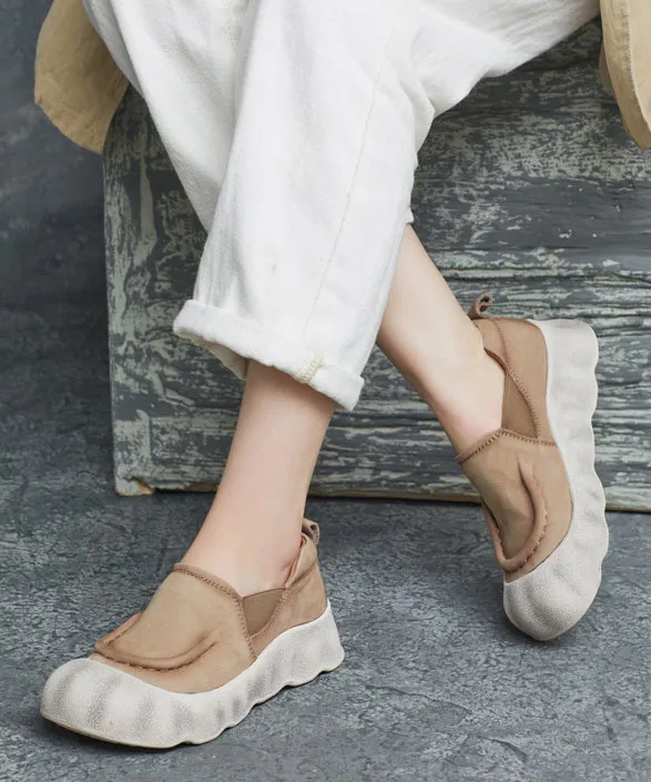 Feet Cowhide Shoes Flat Handmade Splicing Platform Leather Green