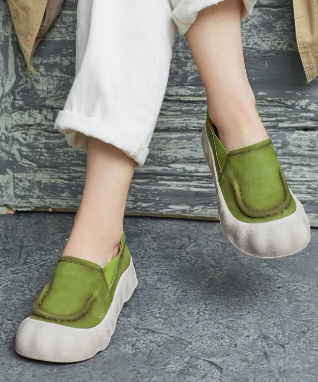 Feet Cowhide Shoes Flat Handmade Splicing Platform Leather Green