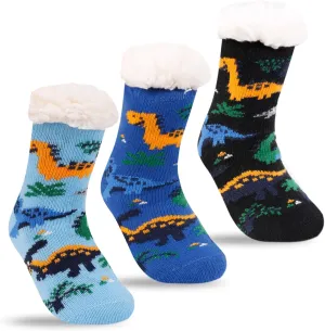 FENELY 3 Pairs Kids Boys Girls Slipper Socks Winter Sherpa Lined Fuzzy Warm Soft Non Skid