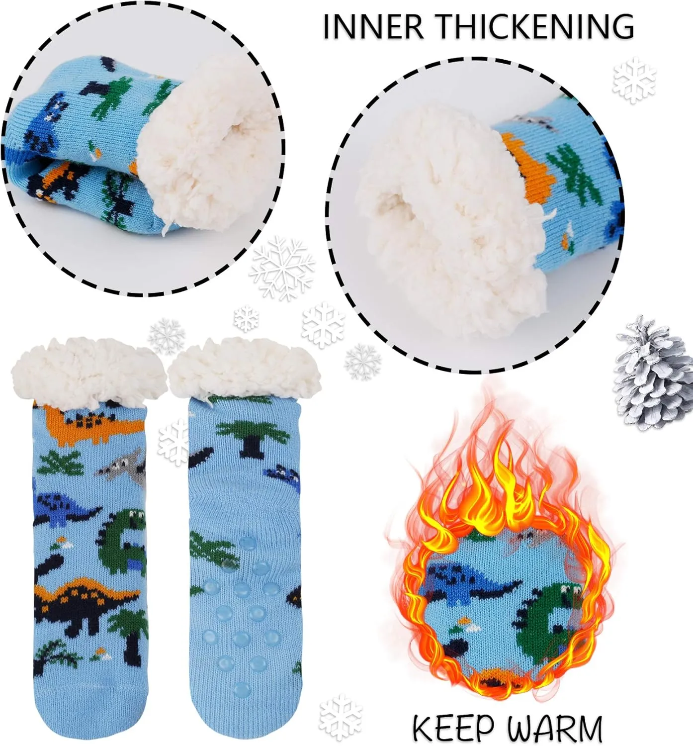 FENELY 3 Pairs Kids Boys Girls Slipper Socks Winter Sherpa Lined Fuzzy Warm Soft Non Skid