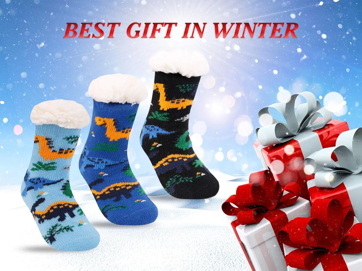 FENELY 3 Pairs Kids Boys Girls Slipper Socks Winter Sherpa Lined Fuzzy Warm Soft Non Skid