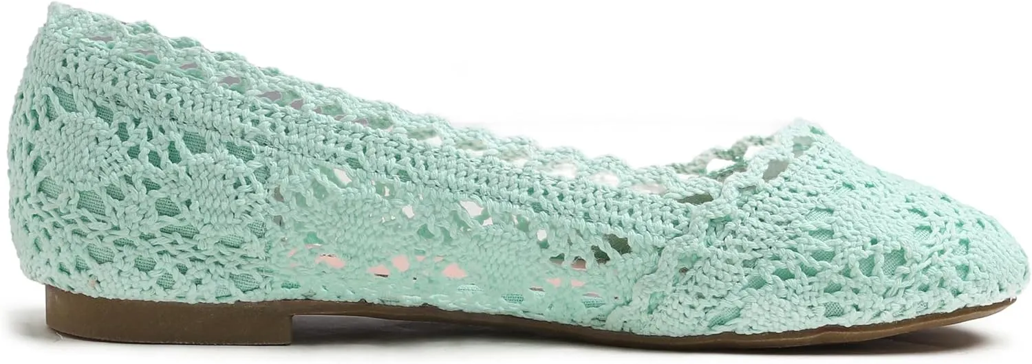 FEVERSOLE Women's Comfort Breathable Knit Crochet Shoes Lace Ballet Flats