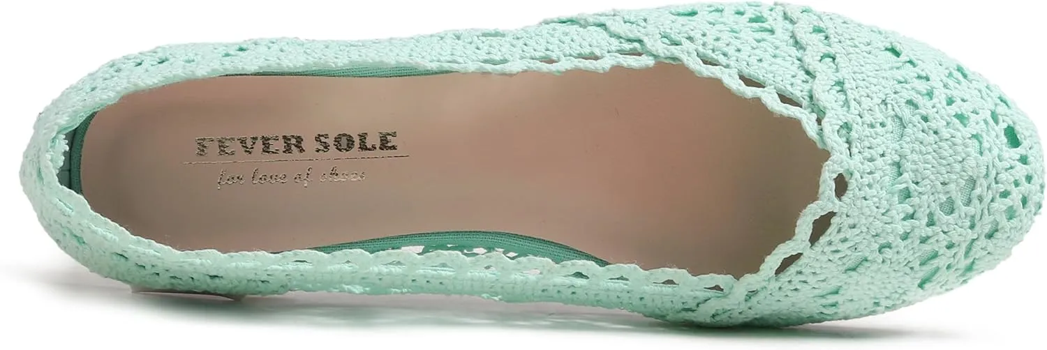 FEVERSOLE Women's Comfort Breathable Knit Crochet Shoes Lace Ballet Flats