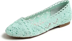 FEVERSOLE Women's Comfort Breathable Knit Crochet Shoes Lace Ballet Flats