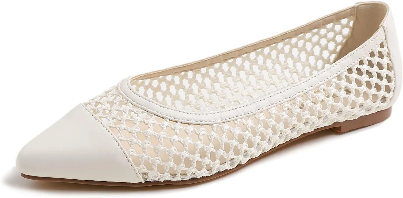 FEVERSOLE Women's Woven Pointy Fashion Cutouts Breathable Knit Flat Shoes