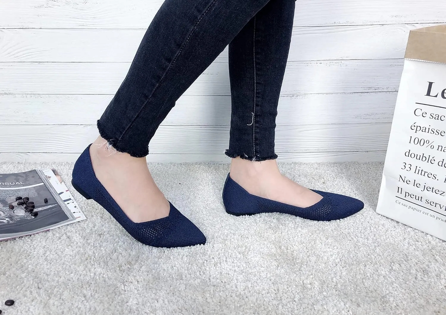 FEVERSOLE Women's Woven Pointy Fashion Cutouts Breathable Knit Flat Shoes