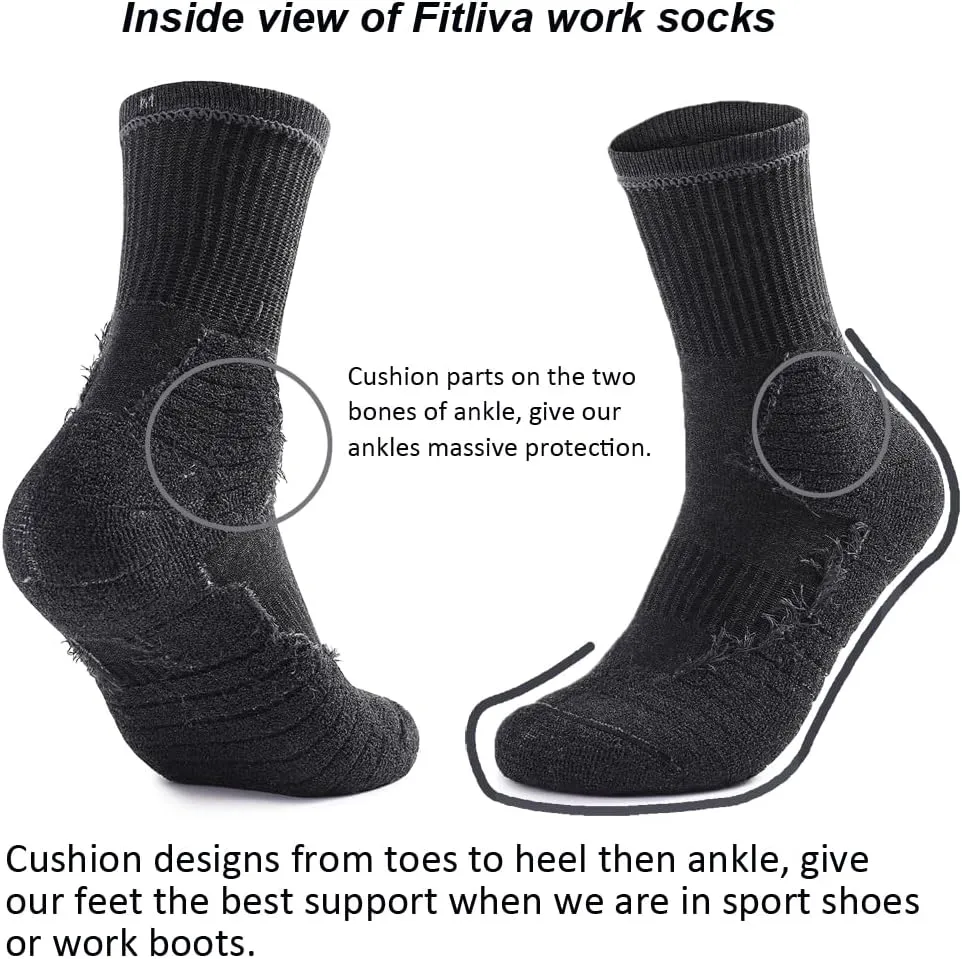 Fitliva Work Socks for Men Cotton Cushioned Boot Socks Ankle Support(6 Pairs)