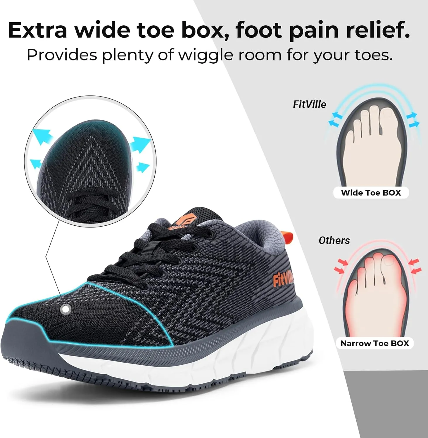 FitVille Wide Toe Box Men's Cushioned Extra Wide Width Non Slip Running Shoes - Comfortable Lightweight Walking Shoes