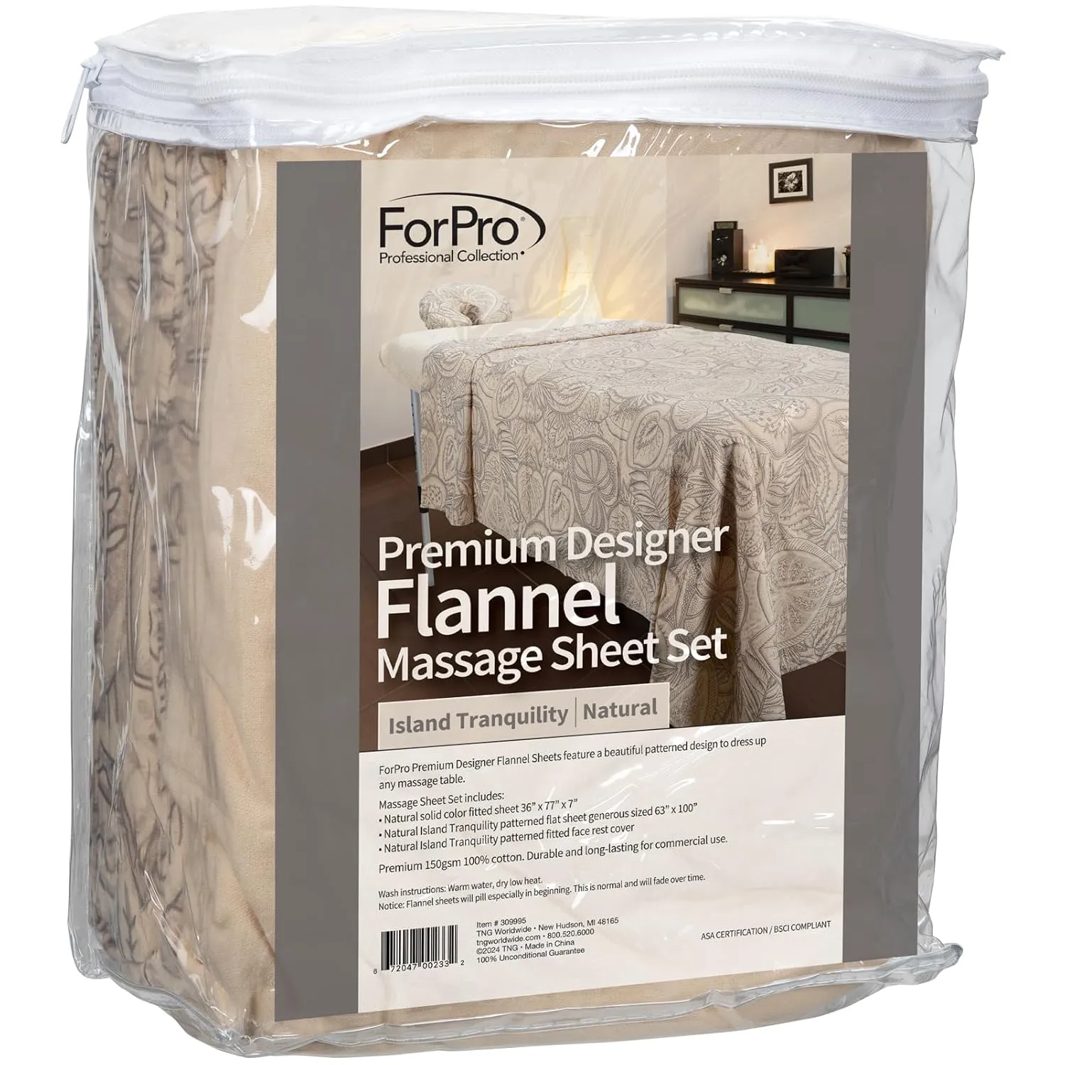 ForPro Premium Designer Flannel 3-Piece Massage Sheet Set, Island Tranquility, for Massage Tables, Includes Massage Flat Sheet, Fitted Sheet and Fitted Face Rest Cover, Natural