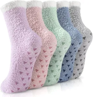 Fuzzy Slippers - 5 Pairs Cozy Winter Warm Socks for Women, Non Slip