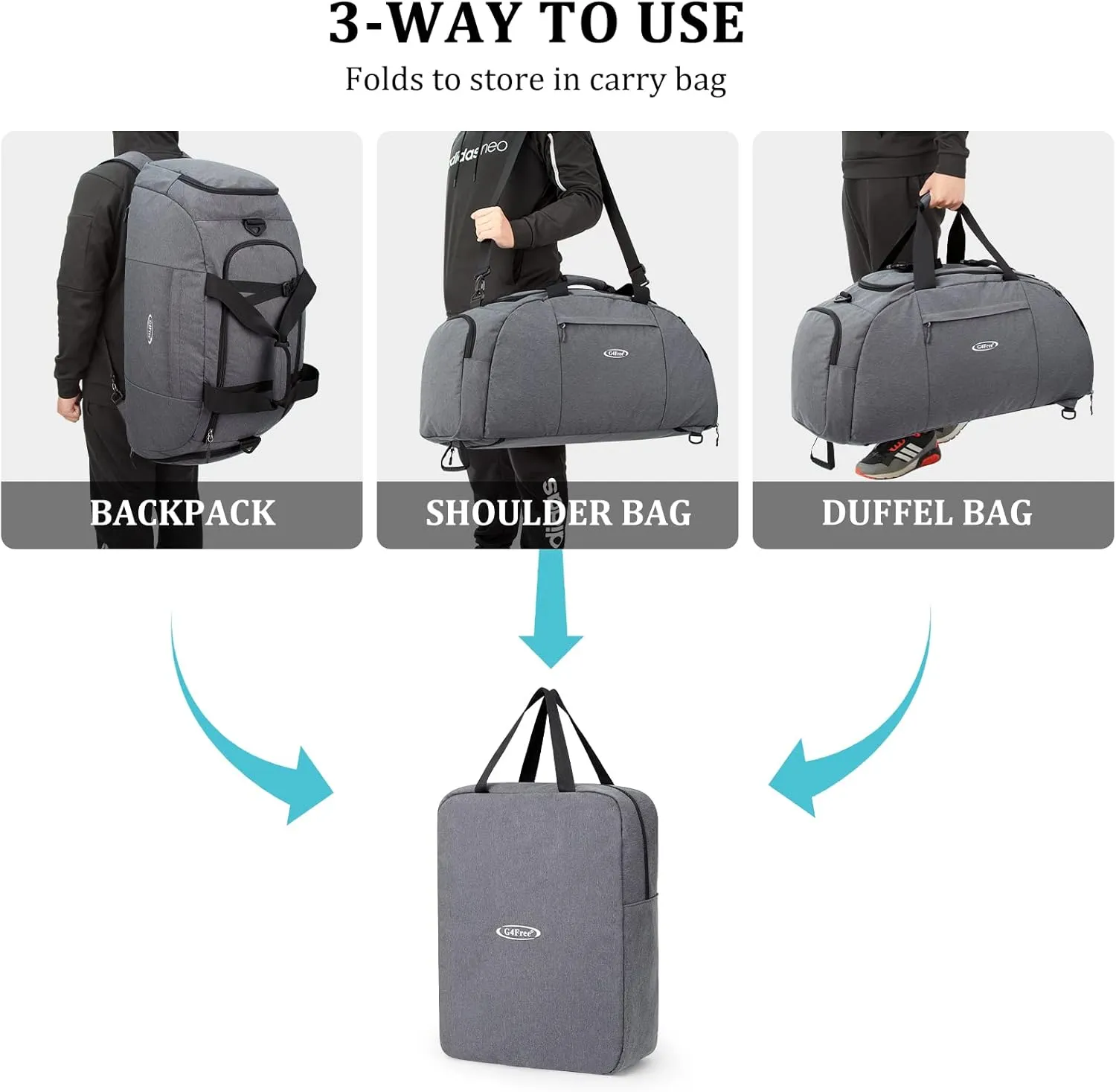 G4Free 70L Large 3-Way Duffle Backpack Gym Bag with Shoe Compartment Lightweight Waterproof Foldable Sports Duffel Bag Travel Backpack Luggage (Grey)
