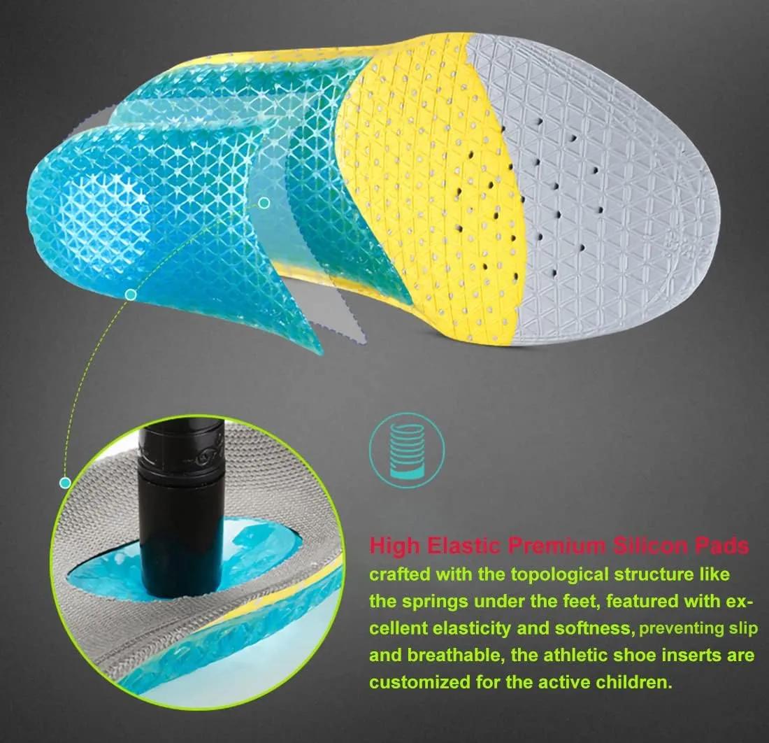 Gel Orthotic Insoles for Kids Silicon Soles for Running Shoes Sneakers Arch Support Insoles for Little Kids Lightweight Shoe Liner Inserts for Children Foot Pain Relief Shock Absorbing