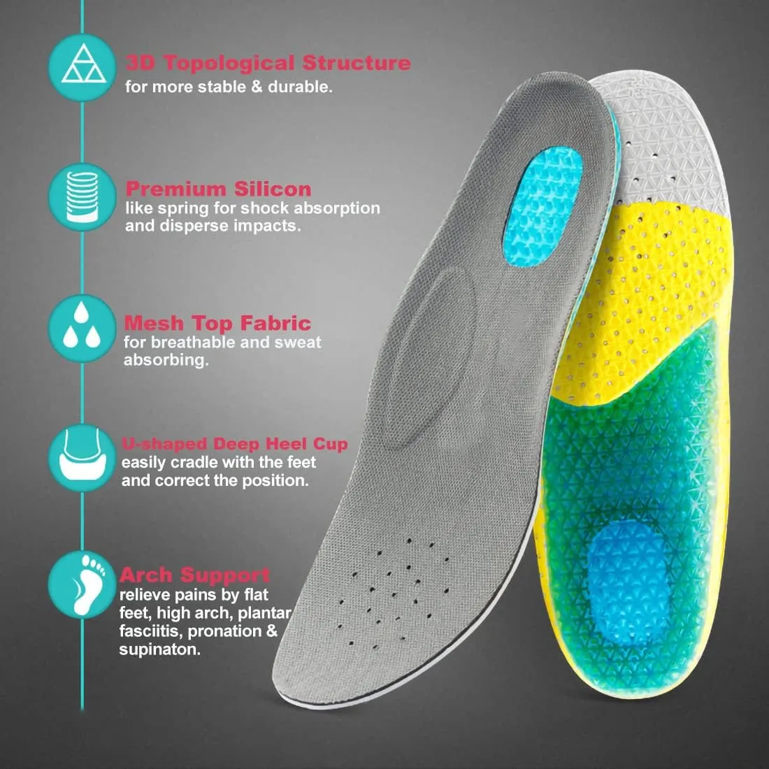 Gel Orthotic Insoles for Kids Silicon Soles for Running Shoes Sneakers Arch Support Insoles for Little Kids Lightweight Shoe Liner Inserts for Children Foot Pain Relief Shock Absorbing