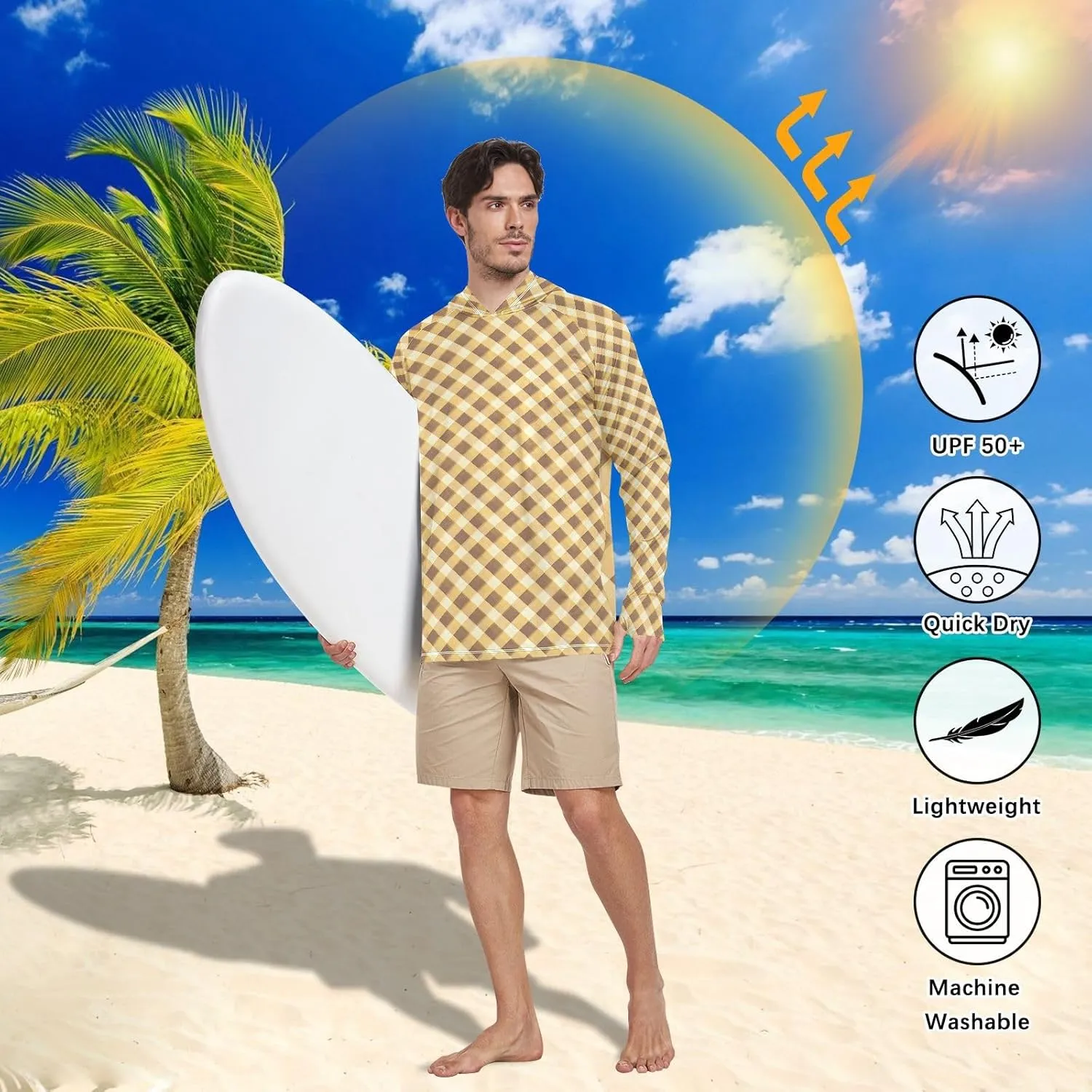 Gingham Honey Green Mens Sun Protection Hoodie Long Sleeve Fishing Shirt UPF 50  Hiking Hoodie Rash Guard Men