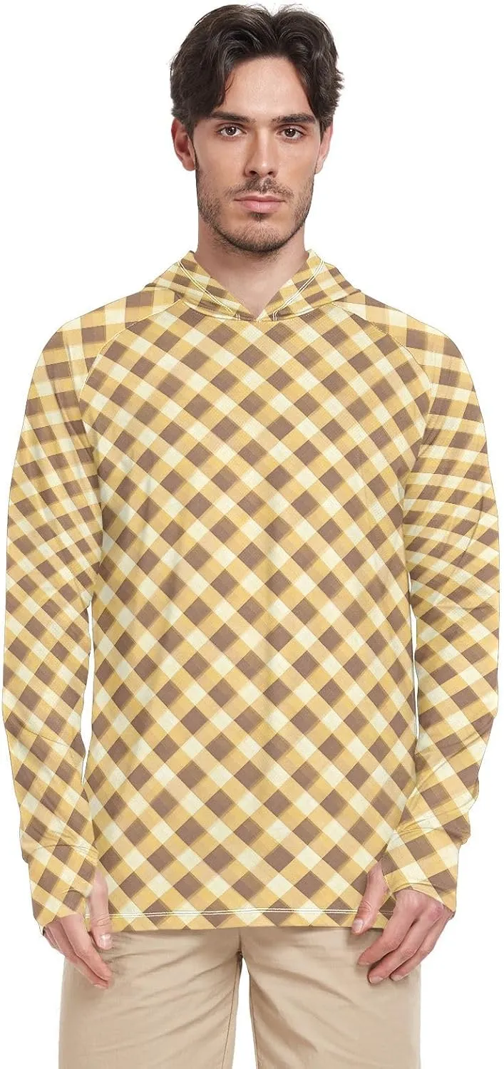 Gingham Honey Green Mens Sun Protection Hoodie Long Sleeve Fishing Shirt UPF 50  Hiking Hoodie Rash Guard Men