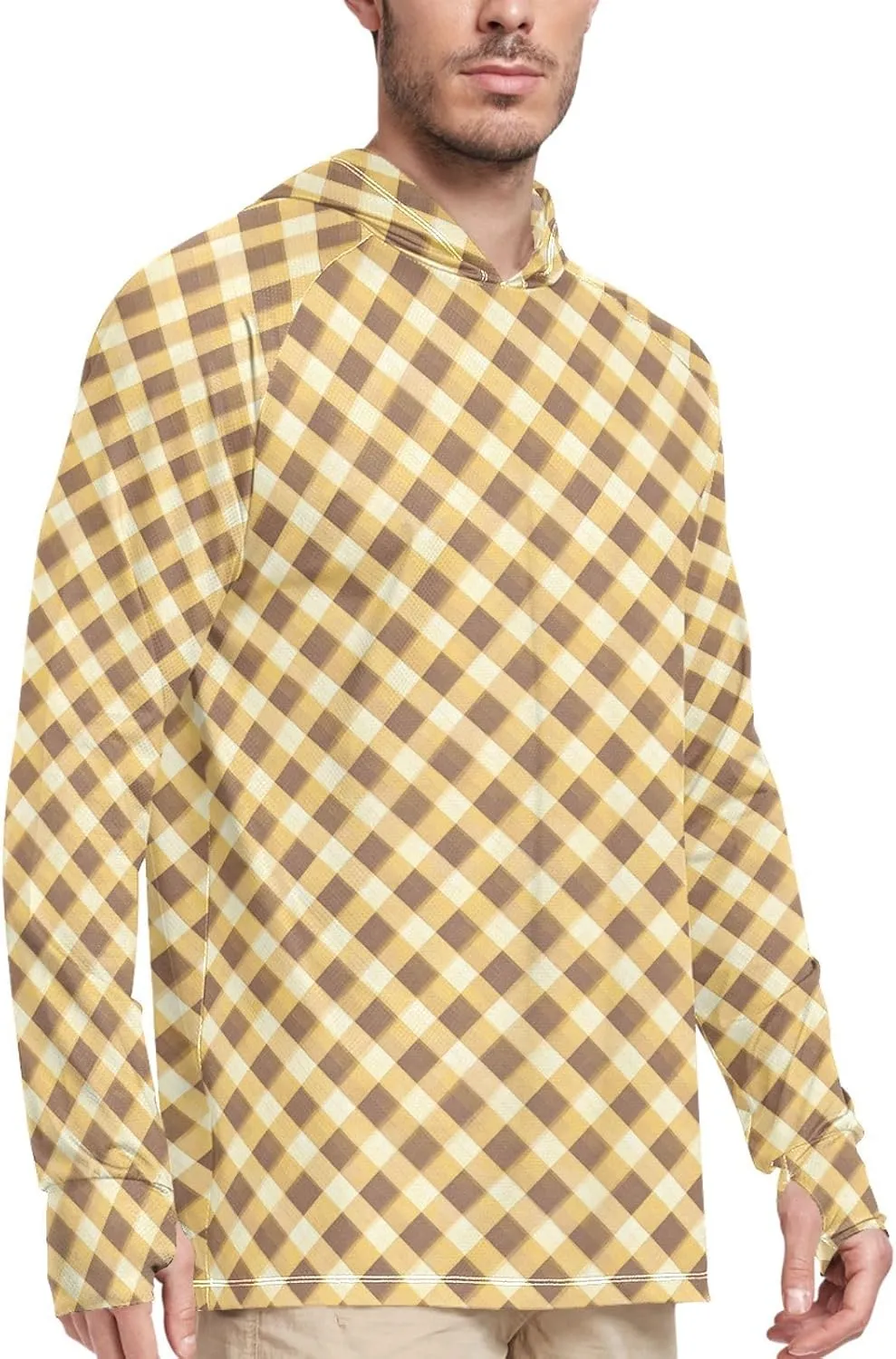 Gingham Honey Green Mens Sun Protection Hoodie Long Sleeve Fishing Shirt UPF 50  Hiking Hoodie Rash Guard Men