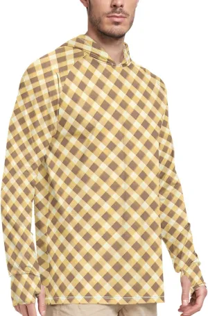 Gingham Honey Green Mens Sun Protection Hoodie Long Sleeve Fishing Shirt UPF 50  Hiking Hoodie Rash Guard Men