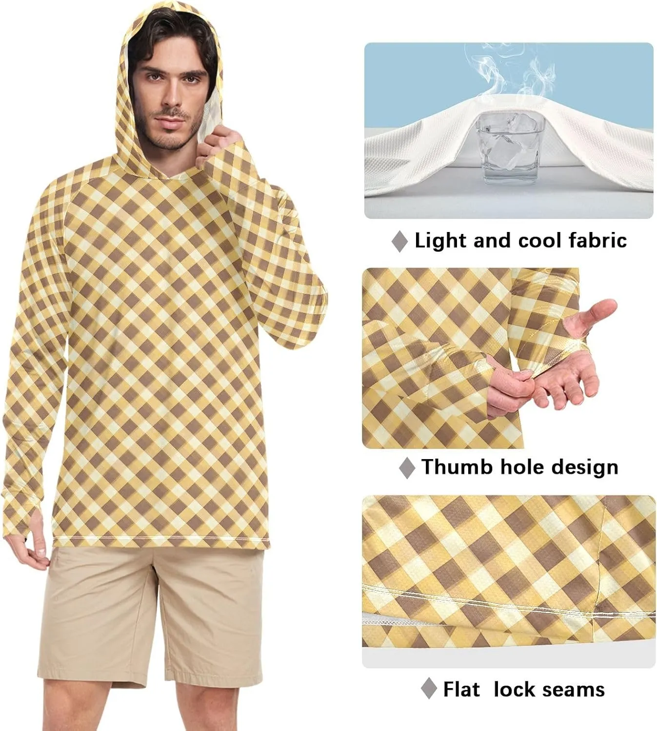 Gingham Honey Green Mens Sun Protection Hoodie Long Sleeve Fishing Shirt UPF 50  Hiking Hoodie Rash Guard Men