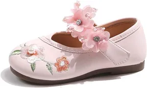 Girl Mary Jane Flat Shoes Embroidered Princess Dress Shoes Step on Campus Party Flat Shoes (Preschool/Child/Adult) White