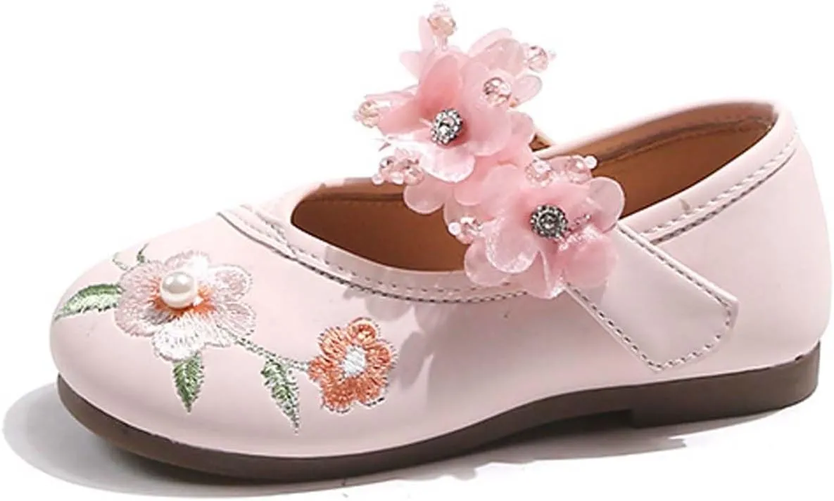 Girl Mary Jane Flat Shoes Embroidered Princess Dress Shoes Step on Campus Party Flat Shoes (Preschool/Child/Adult) White