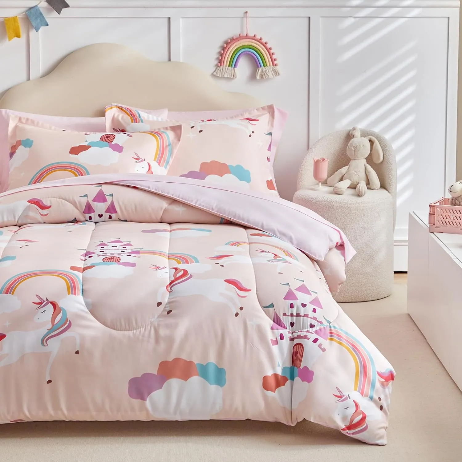 Girls Bed in a Bag Full Size Pink Unicorn Comforter Set with Castle and Rainbow - Soft 7 Pcs Princess Bedding Set (1 Comforter, 2 Pillow Shams, 1 Flat Sheet, 1 Fitted Sheet, 2 Pillowcases)