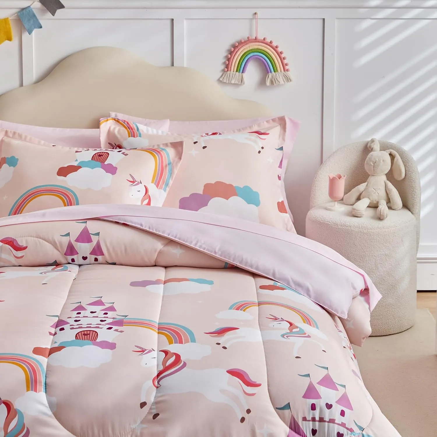 Girls Bed in a Bag Full Size Pink Unicorn Comforter Set with Castle and Rainbow - Soft 7 Pcs Princess Bedding Set (1 Comforter, 2 Pillow Shams, 1 Flat Sheet, 1 Fitted Sheet, 2 Pillowcases)