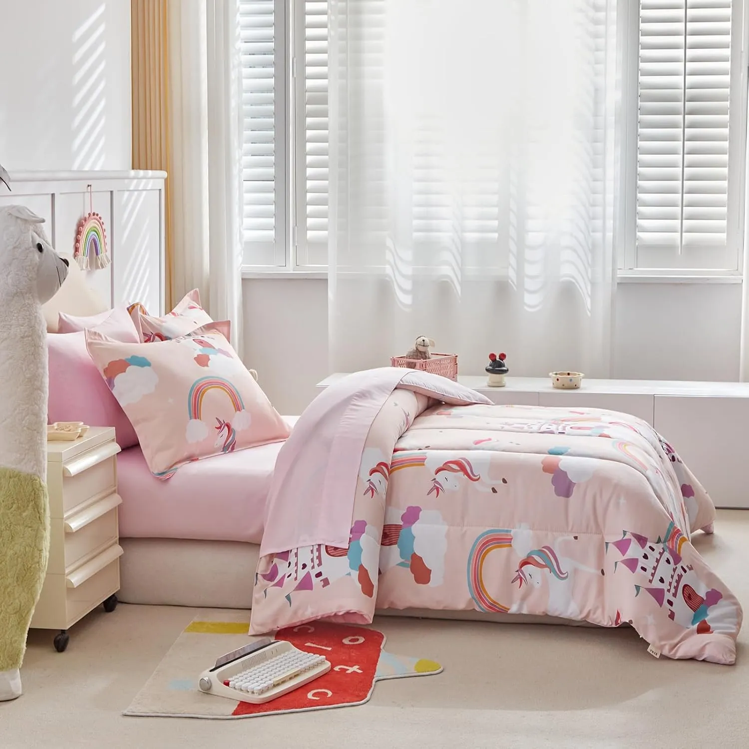 Girls Bed in a Bag Full Size Pink Unicorn Comforter Set with Castle and Rainbow - Soft 7 Pcs Princess Bedding Set (1 Comforter, 2 Pillow Shams, 1 Flat Sheet, 1 Fitted Sheet, 2 Pillowcases)