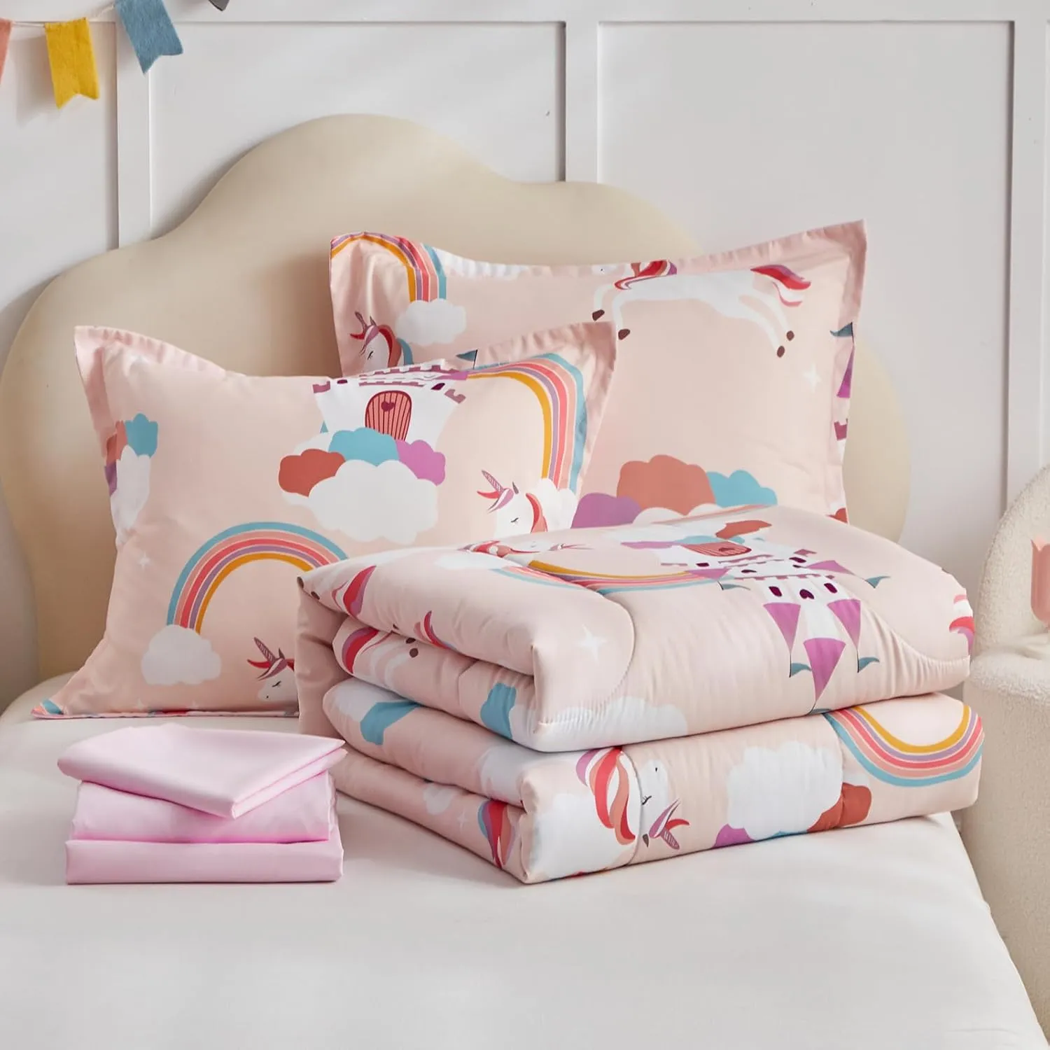 Girls Bed in a Bag Full Size Pink Unicorn Comforter Set with Castle and Rainbow - Soft 7 Pcs Princess Bedding Set (1 Comforter, 2 Pillow Shams, 1 Flat Sheet, 1 Fitted Sheet, 2 Pillowcases)