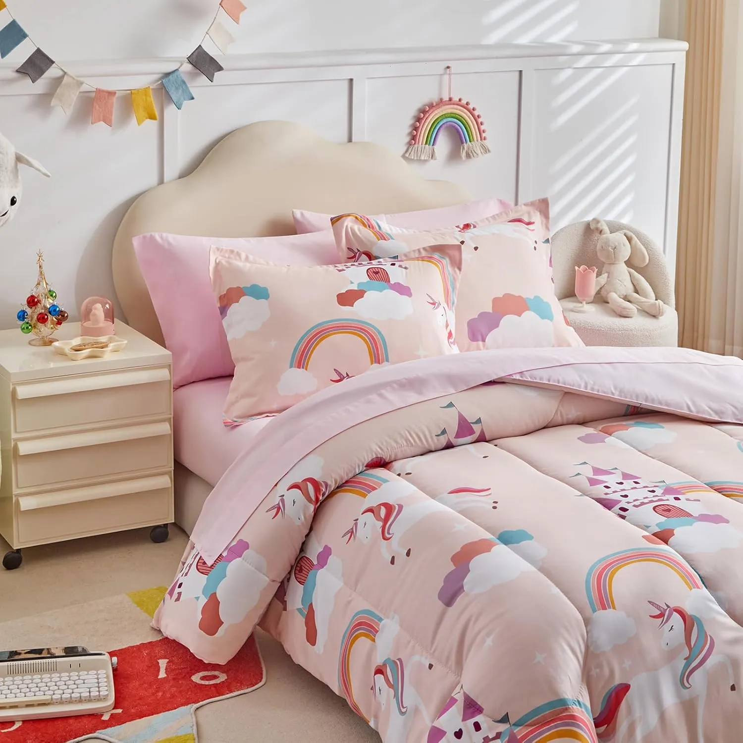 Girls Bed in a Bag Full Size Pink Unicorn Comforter Set with Castle and Rainbow - Soft 7 Pcs Princess Bedding Set (1 Comforter, 2 Pillow Shams, 1 Flat Sheet, 1 Fitted Sheet, 2 Pillowcases)