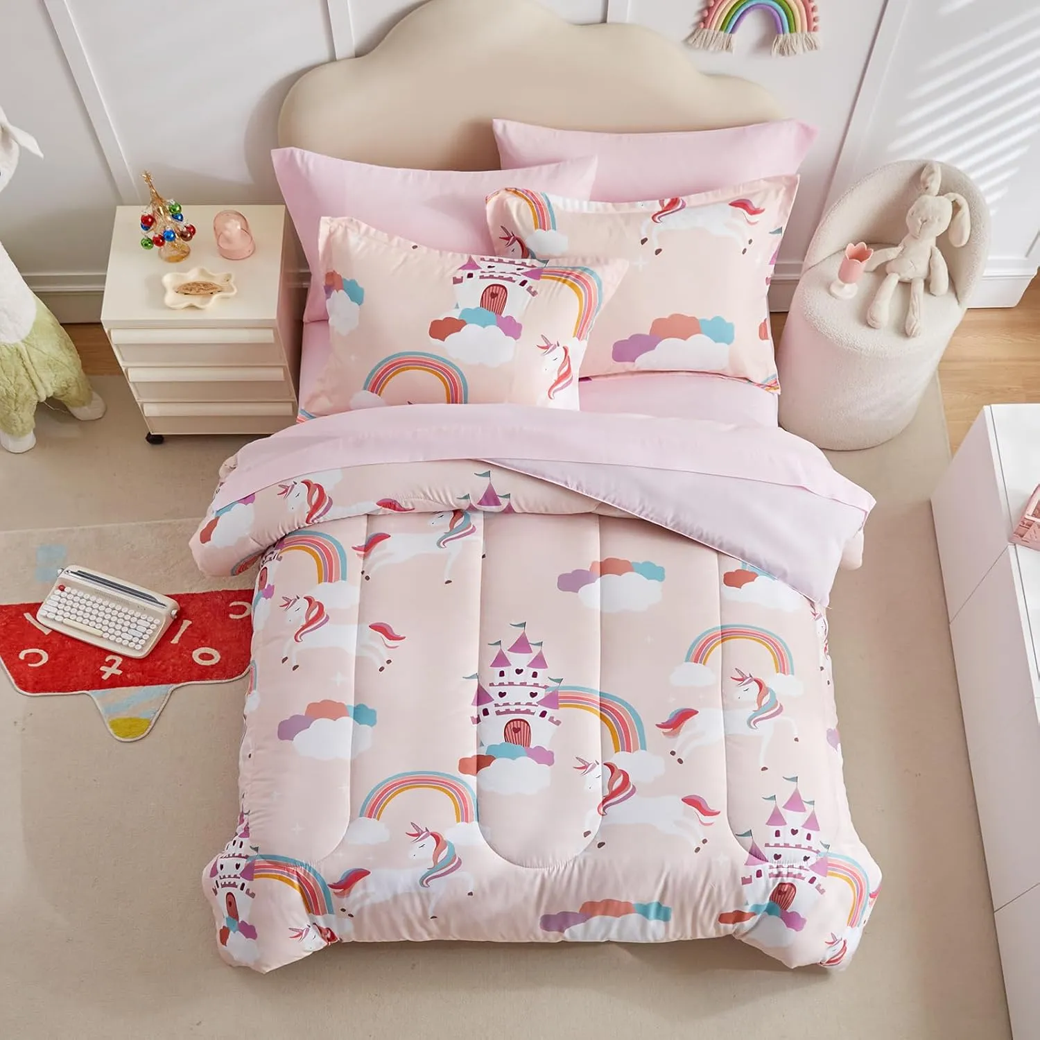 Girls Bed in a Bag Full Size Pink Unicorn Comforter Set with Castle and Rainbow - Soft 7 Pcs Princess Bedding Set (1 Comforter, 2 Pillow Shams, 1 Flat Sheet, 1 Fitted Sheet, 2 Pillowcases)
