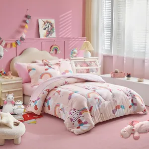 Girls Bed in a Bag Full Size Pink Unicorn Comforter Set with Castle and Rainbow - Soft 7 Pcs Princess Bedding Set (1 Comforter, 2 Pillow Shams, 1 Flat Sheet, 1 Fitted Sheet, 2 Pillowcases)