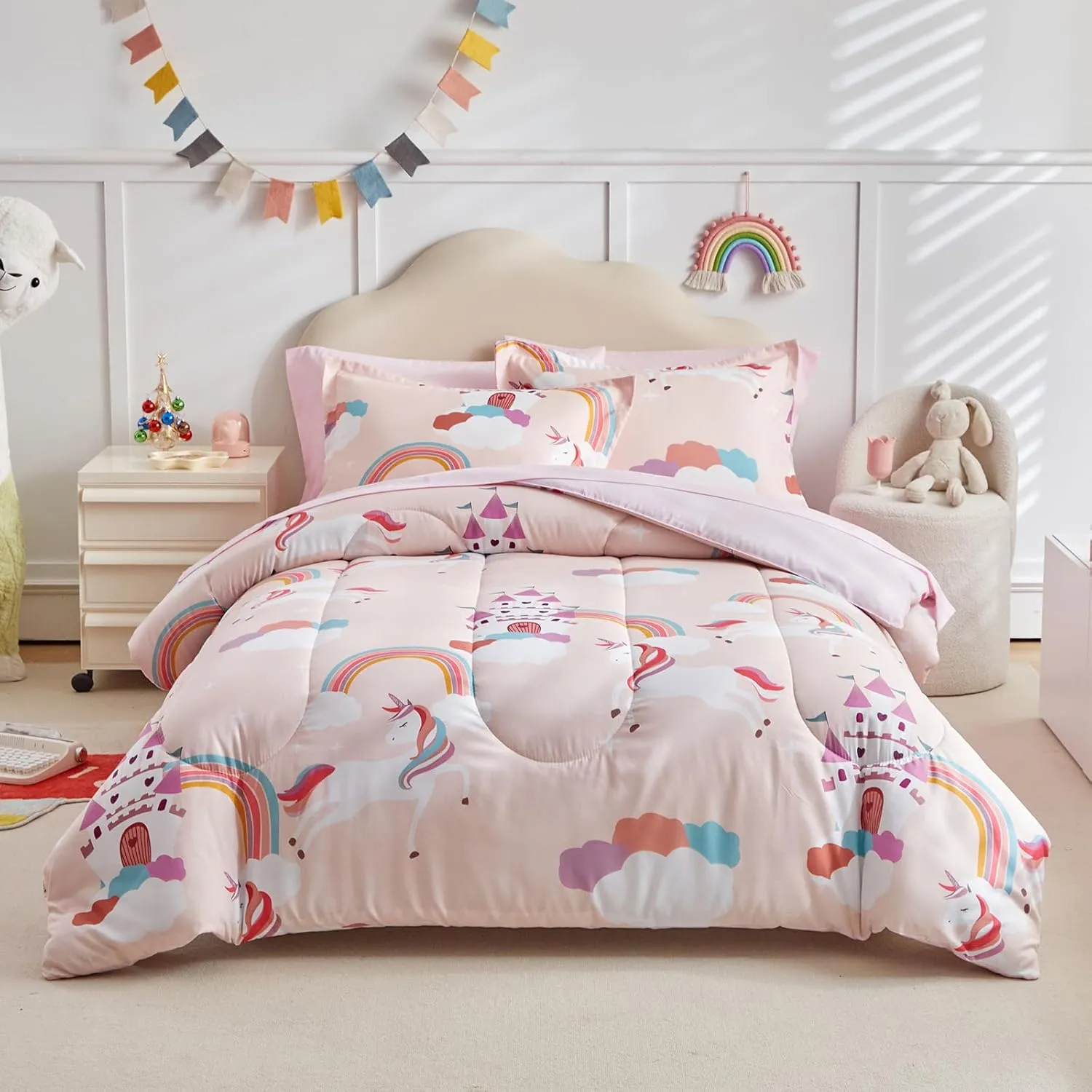 Girls Bed in a Bag Full Size Pink Unicorn Comforter Set with Castle and Rainbow - Soft 7 Pcs Princess Bedding Set (1 Comforter, 2 Pillow Shams, 1 Flat Sheet, 1 Fitted Sheet, 2 Pillowcases)
