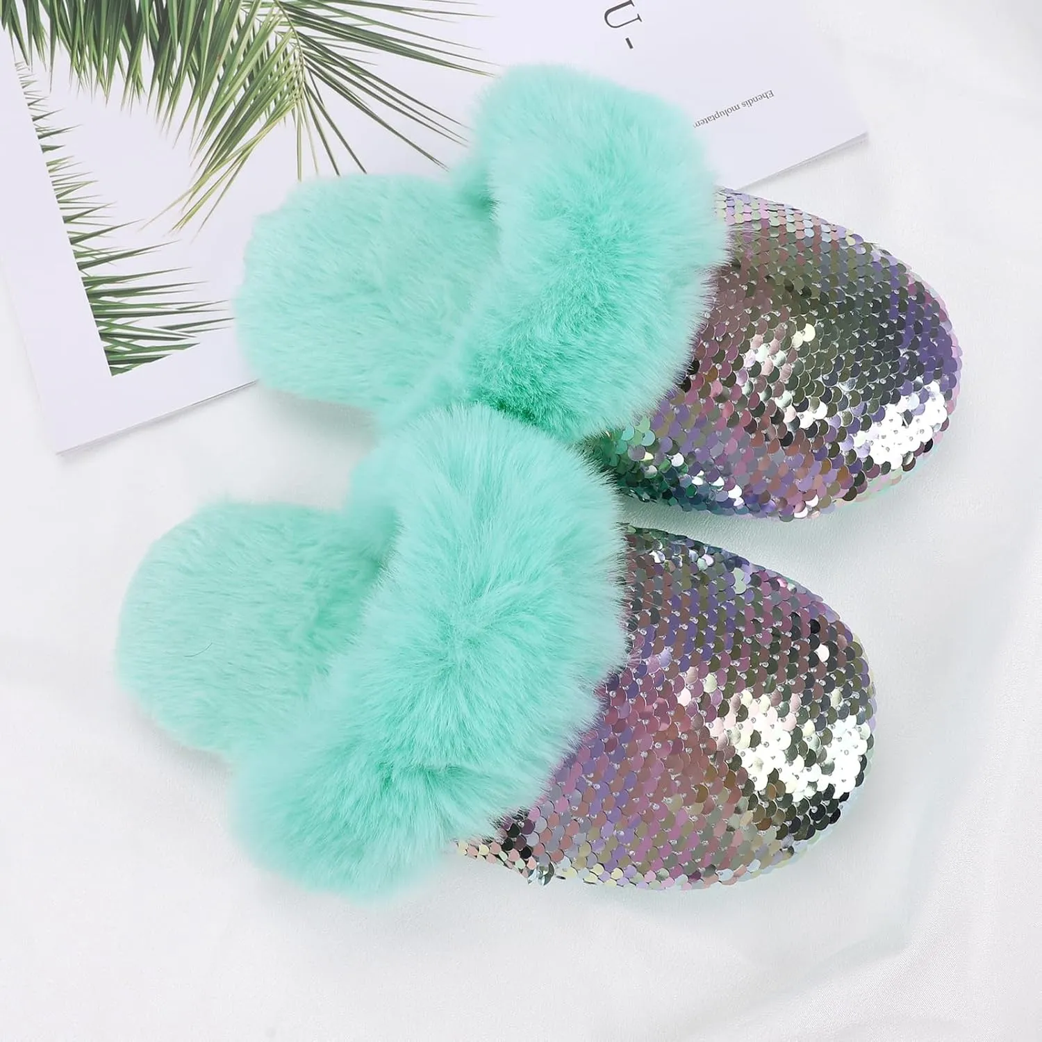 Girls Fluffy Slippers,Sequin Faux Fur Fuzzy Slip-on House Slippers with Memory Foam House Shoes for Girls Bedroom Slippers