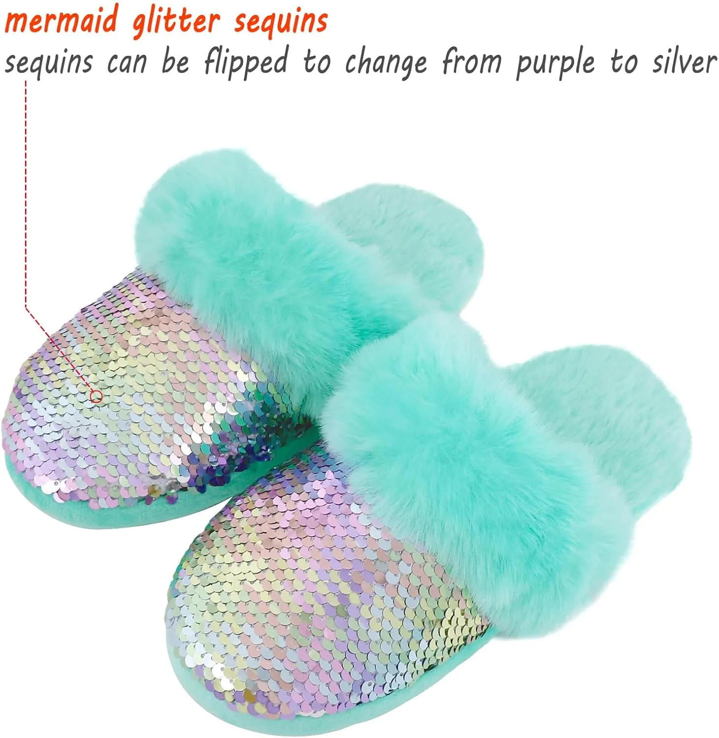 Girls Fluffy Slippers,Sequin Faux Fur Fuzzy Slip-on House Slippers with Memory Foam House Shoes for Girls Bedroom Slippers
