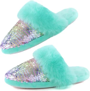 Girls Fluffy Slippers,Sequin Faux Fur Fuzzy Slip-on House Slippers with Memory Foam House Shoes for Girls Bedroom Slippers