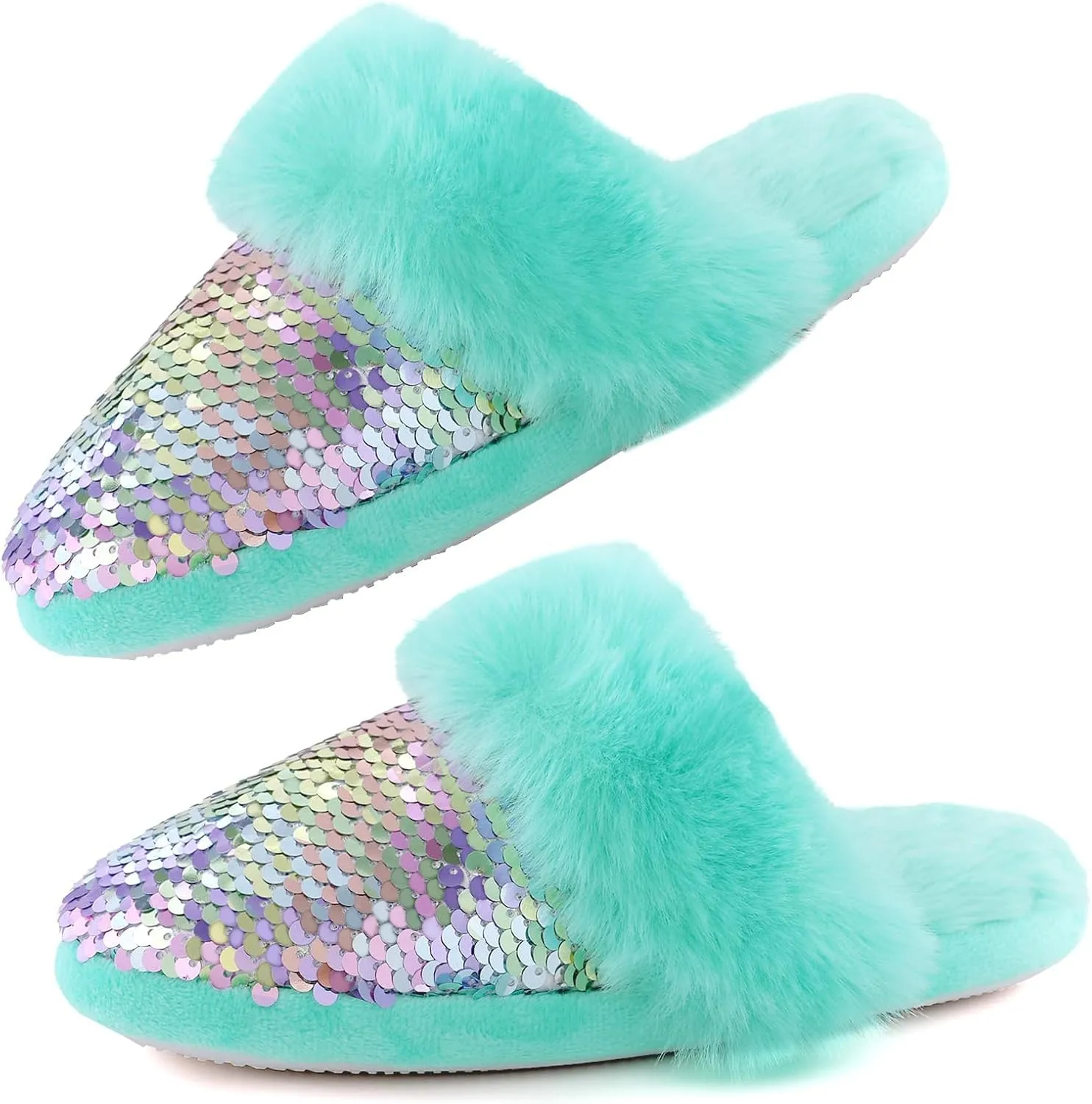 Girls Fluffy Slippers,Sequin Faux Fur Fuzzy Slip-on House Slippers with Memory Foam House Shoes for Girls Bedroom Slippers