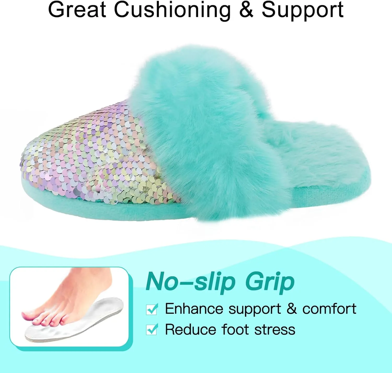 Girls Fluffy Slippers,Sequin Faux Fur Fuzzy Slip-on House Slippers with Memory Foam House Shoes for Girls Bedroom Slippers