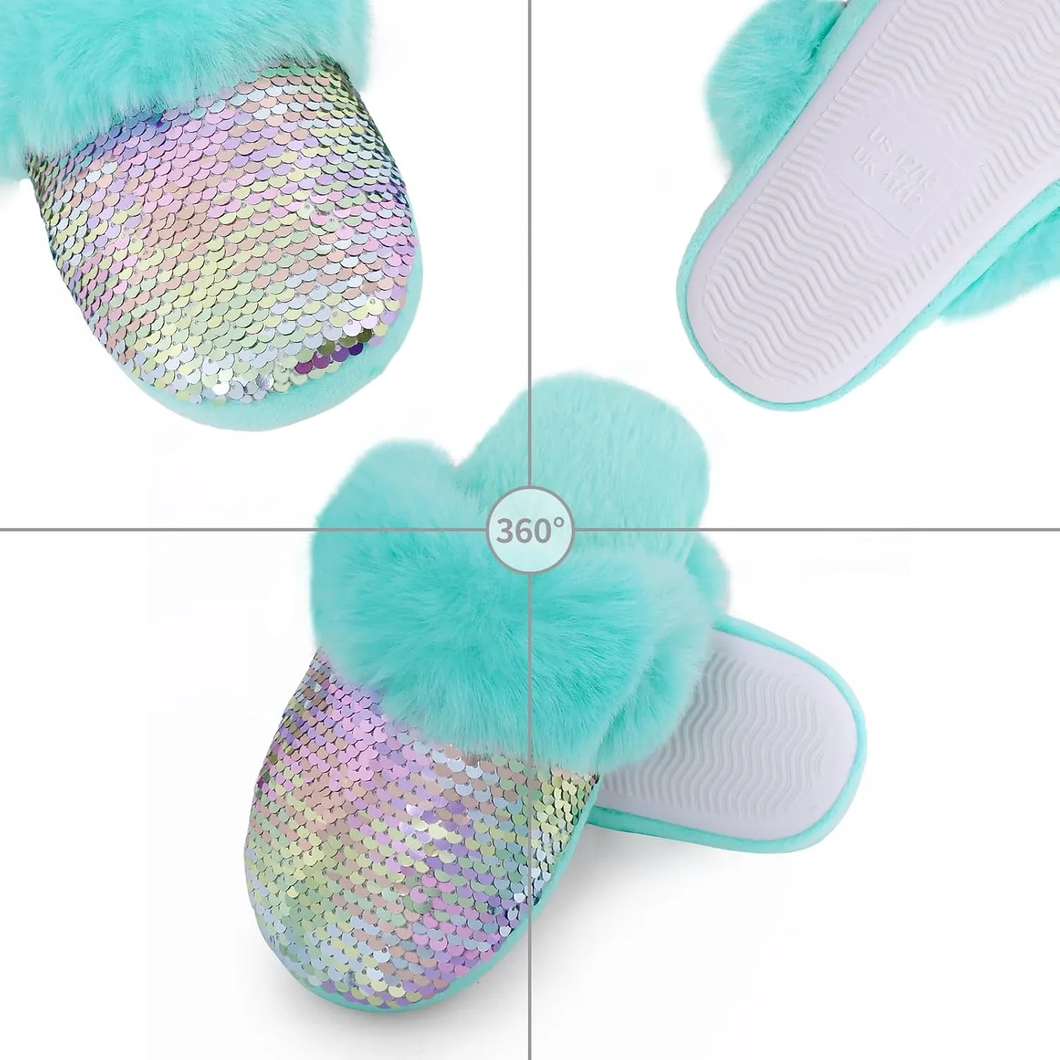 Girls Fluffy Slippers,Sequin Faux Fur Fuzzy Slip-on House Slippers with Memory Foam House Shoes for Girls Bedroom Slippers